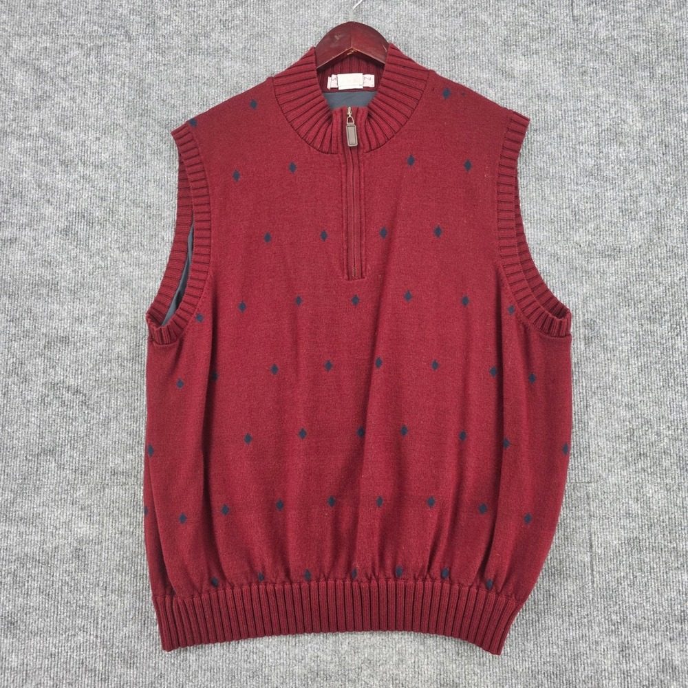 Martin Mens XL Burgundy Italian Merino Wool Diamond 1/4 Zip Sweater Vest Golf